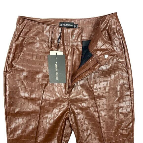 PrettyLittleThing Flare Pants Womens Size 6 Brown Faux Leather Croc Embossed New - Picture 5 of 16